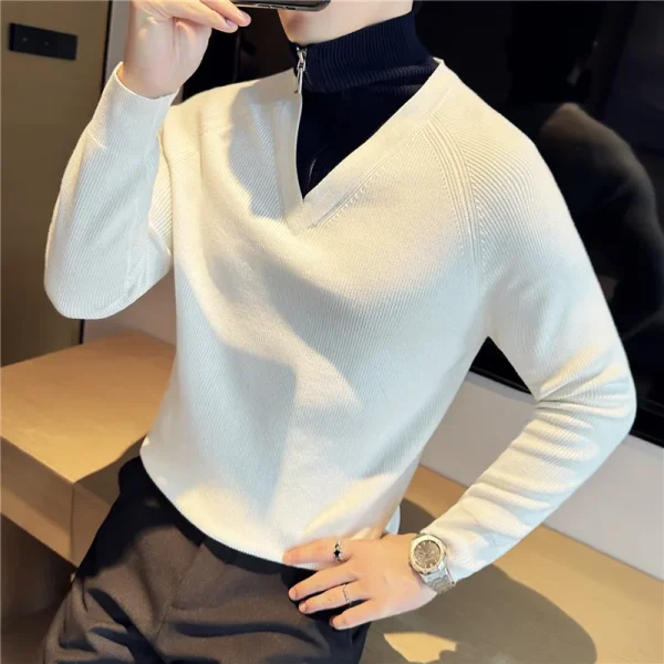 Men's Turtleneck Warm Sweater with Splice Color, Youth Slim-fit Knit Shirt for Fall and Winter, Half Zip-up Sweater. - Image 9