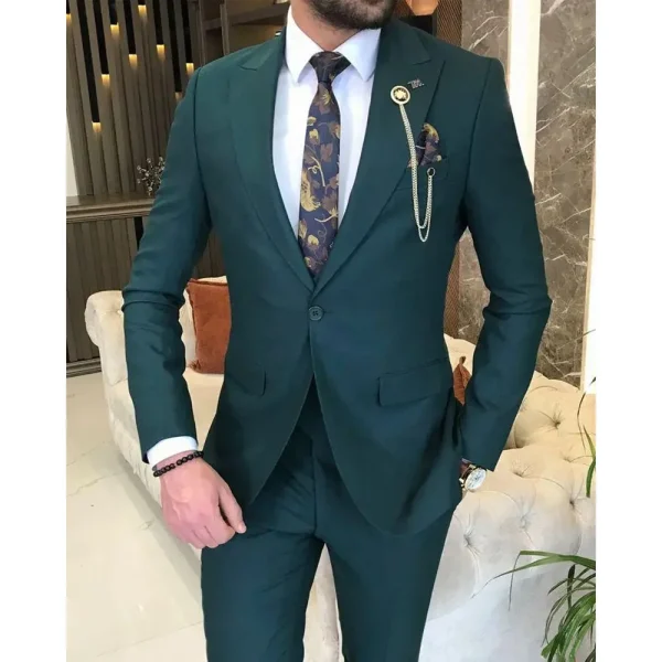 Premium Single Breasted Peak Lapel Luxury Blazer Skinny Green Two-Piece Jacket and Pants Slim Fit Men's Outfits Blazer Homme - Image 2