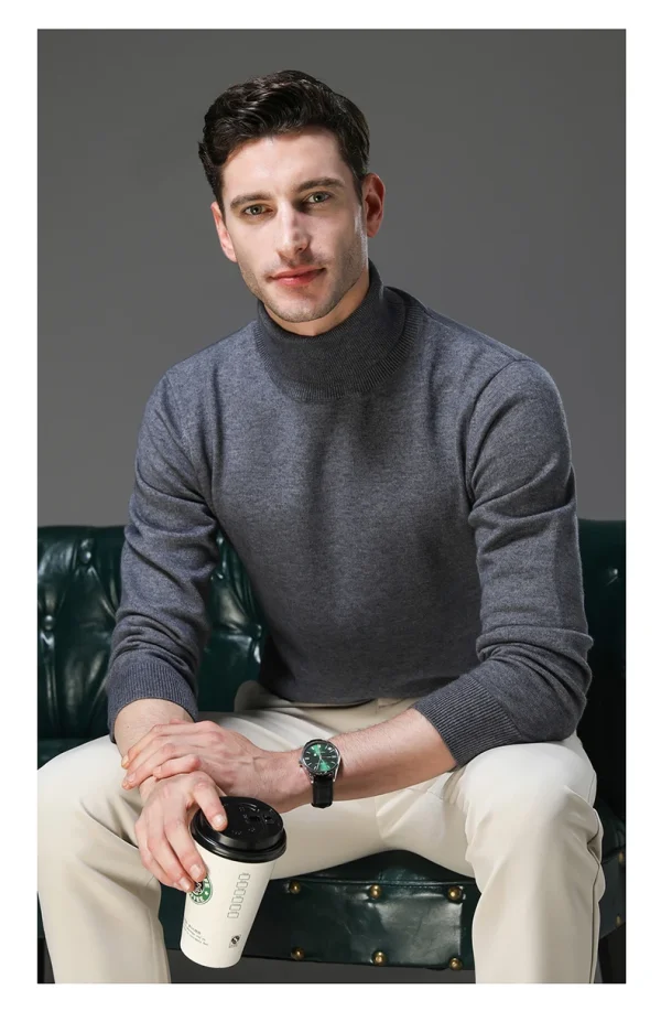 Men's High Collar Solid Color Wool Sweater, New Stretch Top for Autumn and Winter, Pullover Knitwear for Daily Leisure, Business Warm - Image 4