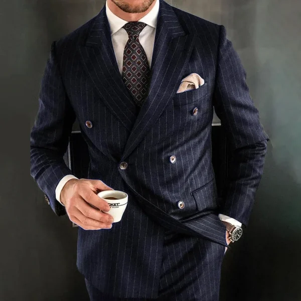 Dressy Men's Costumes Regular Length Navy Blue Double Breasted Peak Lapel Stripe Two-Piece Jacket and Pants - Image 2
