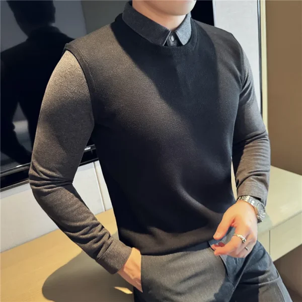 The collar of a dark pinstripe corduroy textured flannel shirt.Men's Sweaters with a Sewn-in Shirt Collar and a Layered Style - Image 3