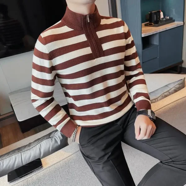 Men's Half-High Collar Pullover Knit Sweater with Stripes, Loose Casual.Trendy Slim-fitting Basic Sweater for Young Men - Image 4