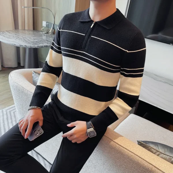 Classic Casual Striped Pullover Daily Knit Sweater with Turn-down Collar and Half Zipper for Autumn and Winter - Image 3