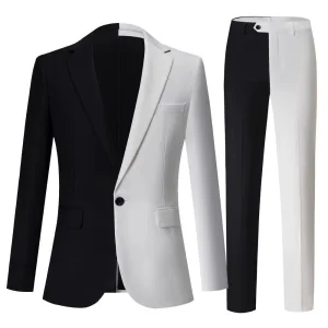 Formal One-Button Notch Lapel Slim Fit Two-Piece Jacket and Pants in Black and White for Men's High-End Outfits