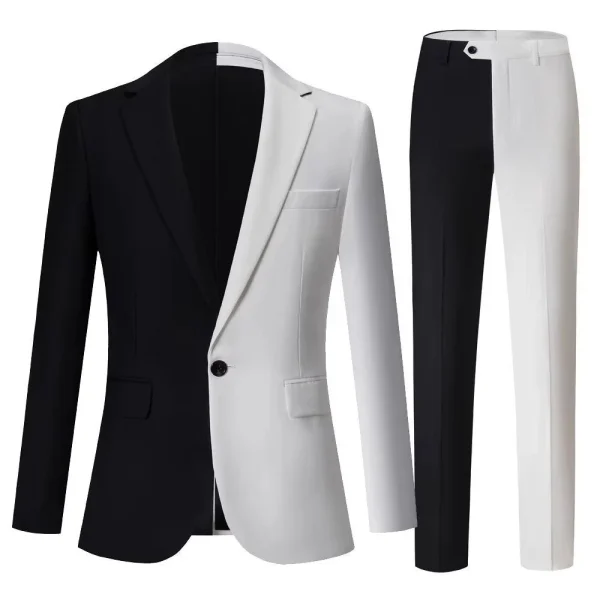 Formal One-Button Notch Lapel Slim Fit Two-Piece Jacket and Pants in Black and White for Men's High-End Outfits