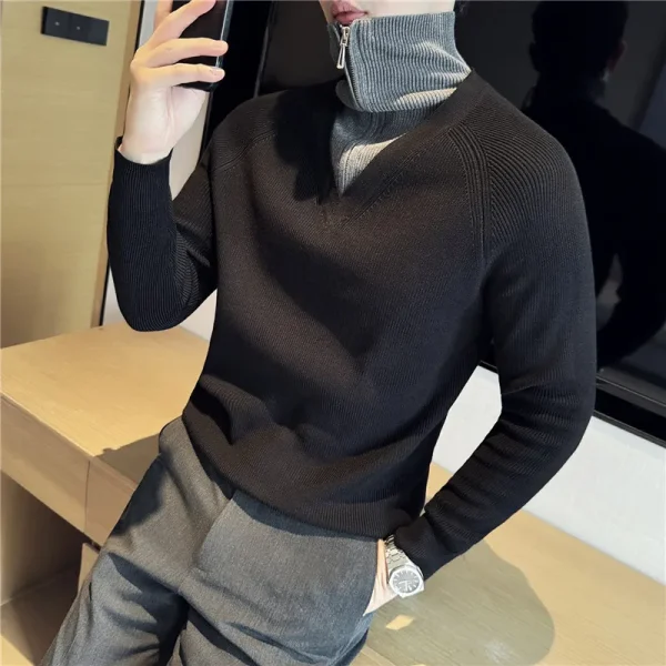 Men's Turtleneck Warm Sweater with Splice Color, Youth Slim-fit Knit Shirt for Fall and Winter, Half Zip-up Sweater. - Image 16