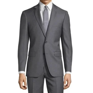 Men's luxury slim-fitting suits in dark grey, with a single breast, notch lapel, flat front, two-piece jacket, pants, and a blazer