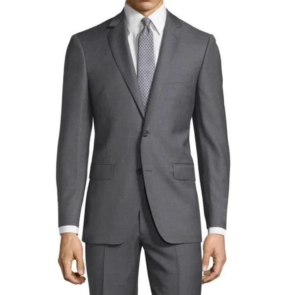 Men's luxury slim-fitting suits in dark grey, with a single breast, notch lapel, flat front, two-piece jacket, pants, and a blazer
