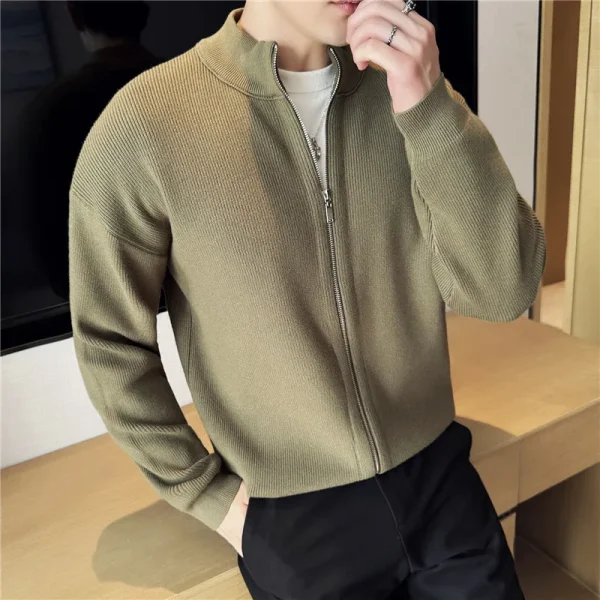 Men's Slim Stand-up Collar Zipper Knitted Cardigan in Solid Color, Stretchable, for Fall and Winter, 2025. - Image 3