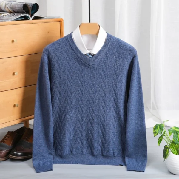 Superior quality V-neck pullover knitted sweater, daily slim-fit base shirt, thickened and warm men's sweater.Shirt with Dark Stripes - Image 3