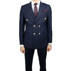 Formal Men's Suits Navy Blue Doubel Breasted Flat Blazer Stylish Two-Piece Business Jacket Sets Terno 2025 Chic Men's Clothes