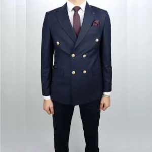 Luxurious Navy Blue Outfit Set for Casual Men's Suits Office Two-Piece Jacket and Pants with Double Breasted Peak Lapel Slim Fit Flat Front Blazer