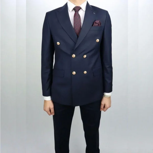 Luxurious Navy Blue Outfit Set for Casual Men's Suits Office Two-Piece Jacket and Pants with Double Breasted Peak Lapel Slim Fit Flat Front Blazer