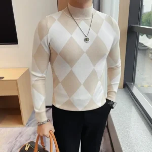 Plaid Mock-neck Slim-fit New Products for Men's Fashion Base Shirts for Autumn and Winter Warm, Stretchable Pullover