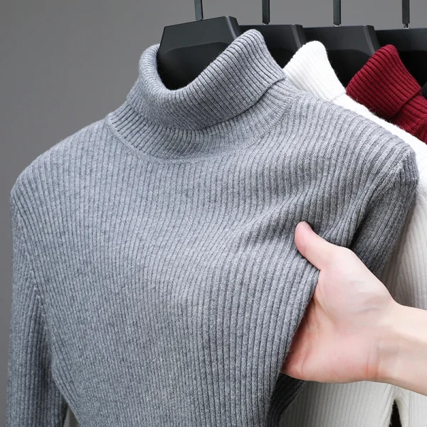 Men's Elegant Gray All-Match T-Shirt, Slim Fit Innerwear, Long-Sleeved Sweater, and Superior Lapel High Collar Knitwear - Image 3