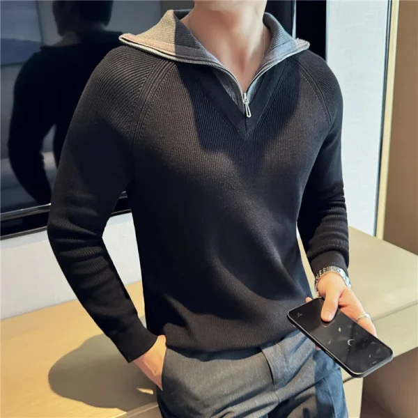 Men's Turtleneck Warm Sweater with Splice Color, Youth Slim-fit Knit Shirt for Fall and Winter, Half Zip-up Sweater. - Image 17