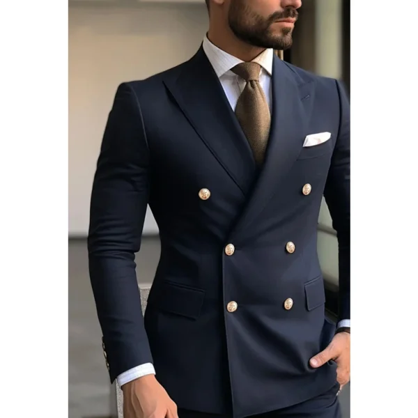Standard Length Formal Wedding Groomsmen Men's Clothing Double-breasted Men's Suits in Navy Blue Peak Lapel Skinny Two-Piece Jacket and Pants - Image 3