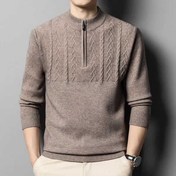 Warm, long-sleeved, solid-colored, half-zip men's pullover sweater with a half-high collar for fall and winter. - Image 2
