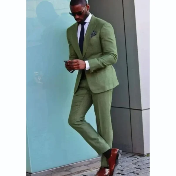 High-end, two-piece jacket pants, single-breasted, peak-lapel, slim-fitting green blazer suits for men's costumes - Image 2
