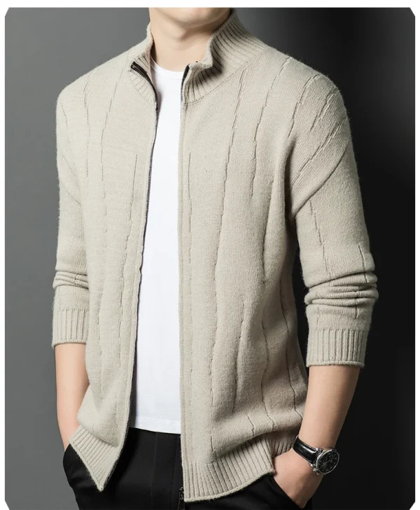 New Men's Solid Color Half Turtleneck Knitted Jacket with Zipper, Cozy Long Sleeve Sweater for Fall and Winter - Image 9
