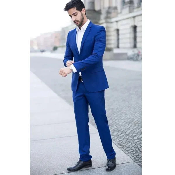 High-quality, two-piece, slim-fitting, casual, single-breasted, notch-lapel, and flat business office suits for men in blue - Image 2