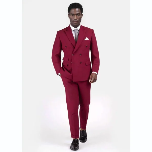 Elegant wedding two-piece jacket pants, double-breasted, flat-front, chic blazer suits in burgundy, men's clothing costumes - Image 4