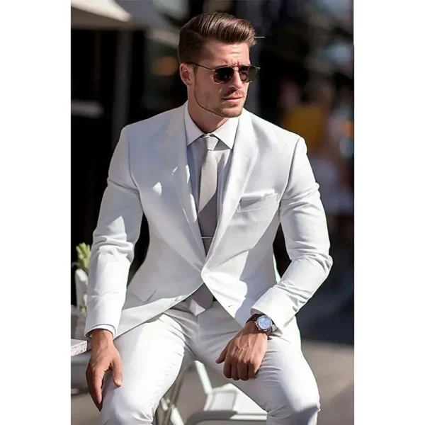 Formal White Men's Suit Elegant Groom Complete Set One-Breast Notch Lapel Chic Two-Piece Jacket and Pants Set for Wedding Party Homme - Image 3