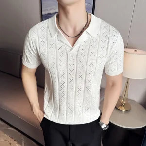 Men's Short-Sleeved Sweater Suit Collar Knitted Polo Shirt, Stylish and Chic Slim Bottoming Shirt for Spring and Summer