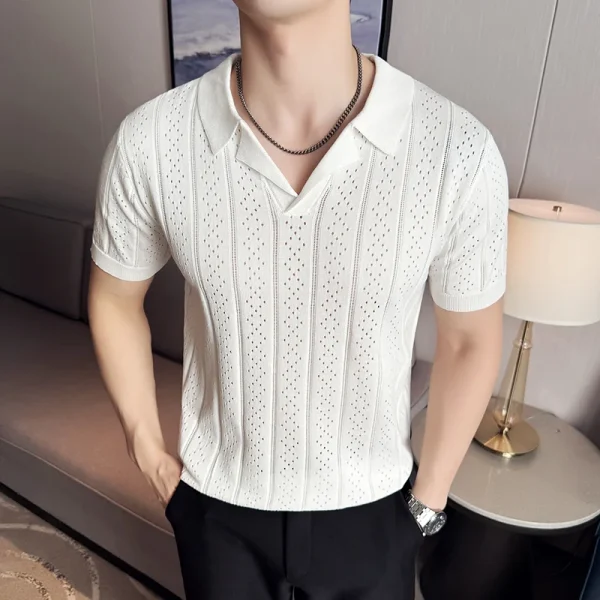 Men's Short-Sleeved Sweater Suit Collar Knitted Polo Shirt, Stylish and Chic Slim Bottoming Shirt for Spring and Summer