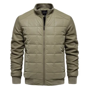 Men's Fashion Jacket Coat with Patchwork Plaid Stand Collar and Thick Fleece Lining for Winter Warmth