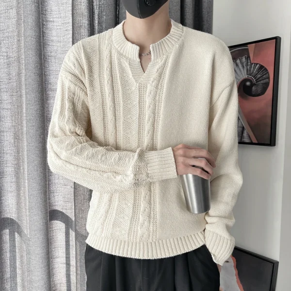 Base Layer Sweater, Men's Warm Knit Pullover, Solid Color, V-neck Style, Half-twisted Design, White. - Image 2
