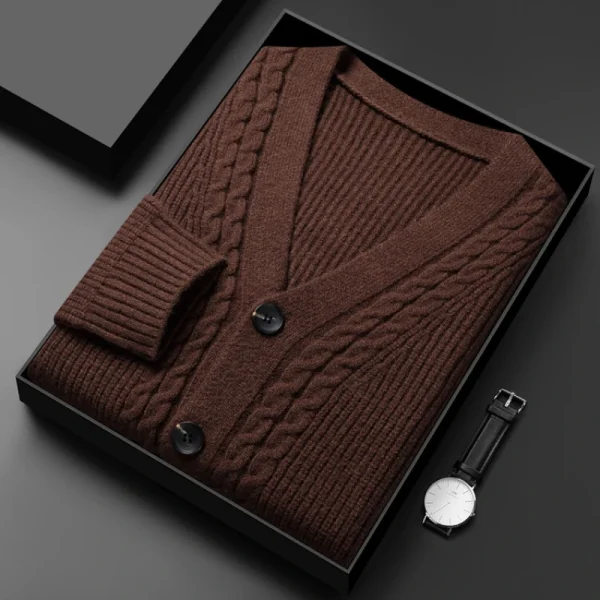 Men's solid-colored, V-necked, single-breasted, slim, stretchable, long-sleeved sweater with vertical stripes for fall daily warmth. - Image 2