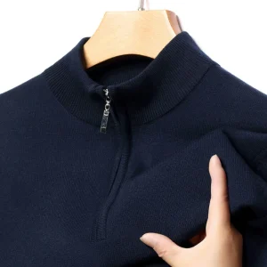 Fall and Winter Men's Long-Sleeved Sweater, Half Zip Pullover, Half Turtleneck Pullover, Wool-like Business Casual Top