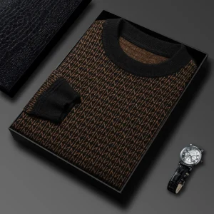 Premium men's wool blend sweater with an O-neck. Knitted pullover with thickened long sleeves and a geometric design