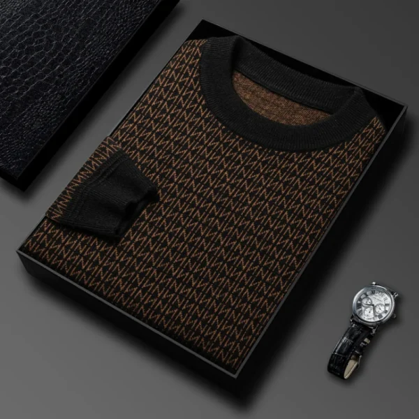 Premium men's wool blend sweater with an O-neck. Knitted pullover with thickened long sleeves and a geometric design