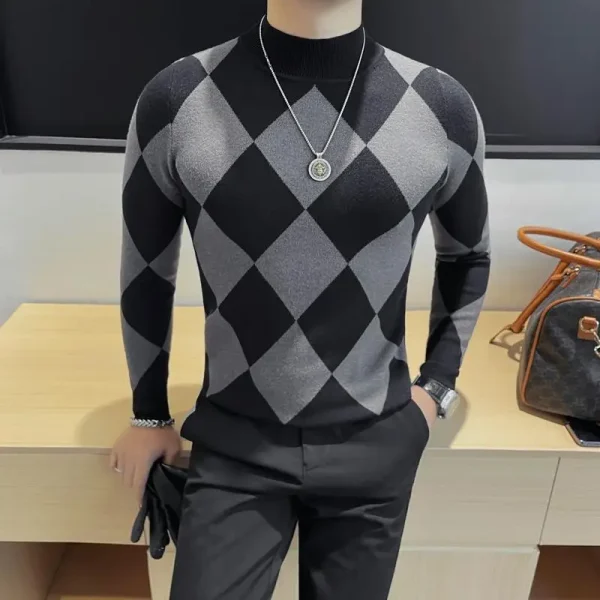 Plaid Mock-neck Slim-fit New Products for Men's Fashion Base Shirts for Autumn and Winter Warm, Stretchable Pullover - Image 2