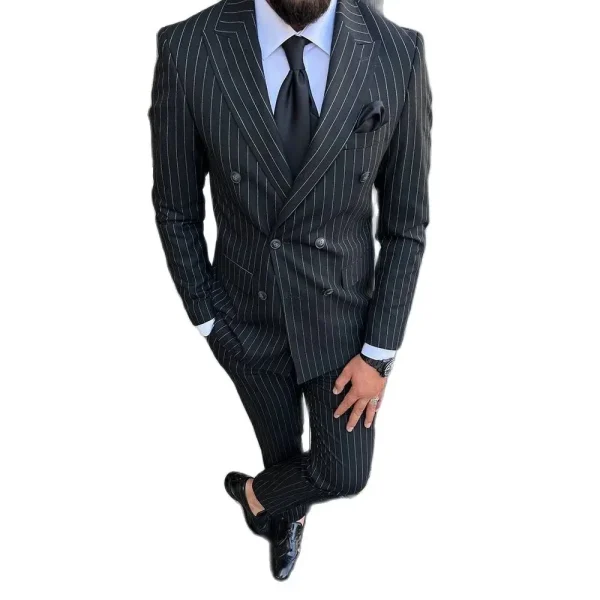 Superior Black Striped Men's Suits with Peak Lapel Double Breasted Men's Apparel for Prom, Prom, and Wedding Two-Piece Jackets and Trousers - Image 3