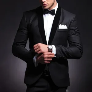 One-button, slim-fitting, black men's wedding tuxedos, two-piece jakcet pants, and velvet shawl lapels