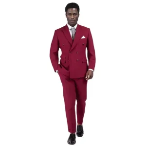 Elegant wedding two-piece jacket pants, double-breasted, flat-front, chic blazer suits in burgundy, men's clothing costumes