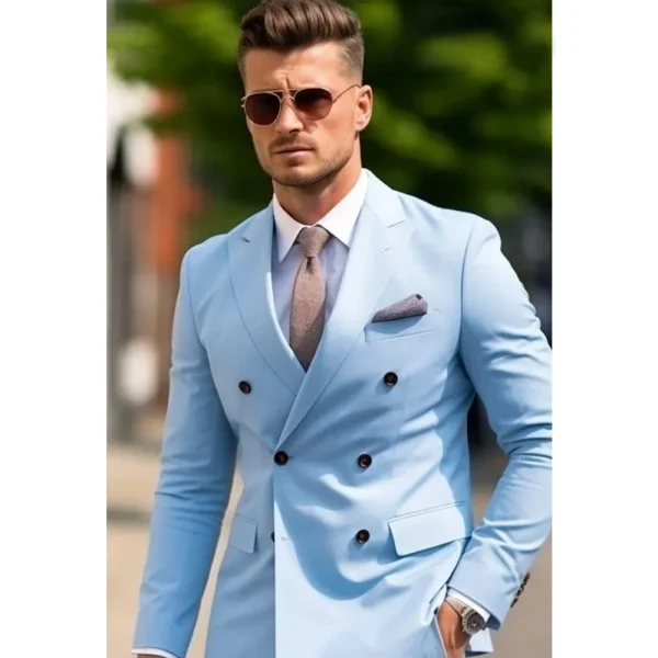 High-end, two-piece, regular-length, flat-front, peak-lapel, double-breasted, stylish men's suits in sky blue, costume homme blazer - Image 4