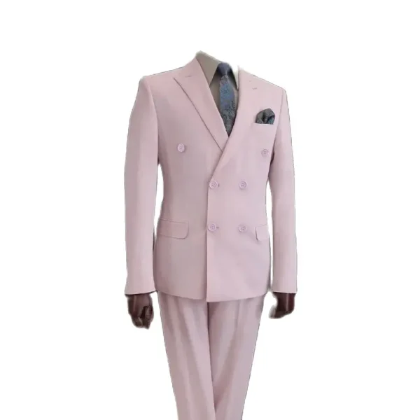 High-end wedding attire for men in pink solid-colored double-breasted, peak-lapel, regular-length, two-piece jackets, pants, and suits - Image 4