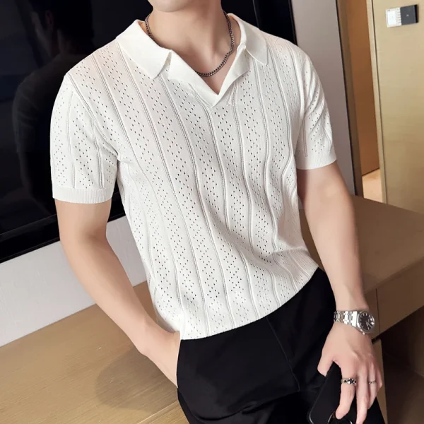 Men's Short-Sleeved Sweater Suit Collar Knitted Polo Shirt, Stylish and Chic Slim Bottoming Shirt for Spring and Summer - Image 2
