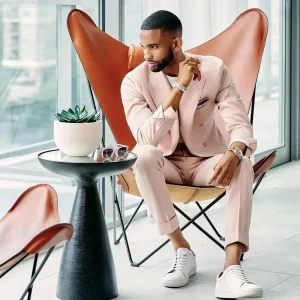 Sophisticated Groomsmen Men's Suits Double Breasted Peak Lapel Flat Front High End Two Piece Jacket Pants in Solid Pink