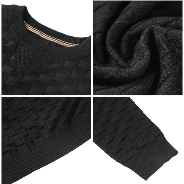 Warm and Stretchy Men's O-Neck Sweater with Jacquard Plaid Pullover Knit, Daily Slim Fit Base Shirt - Image 4