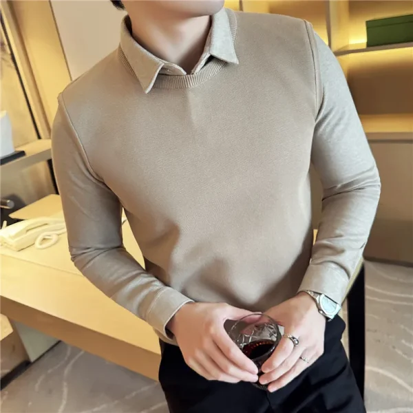 The collar of a dark pinstripe corduroy textured flannel shirt.Men's Sweaters with a Sewn-in Shirt Collar and a Layered Style - Image 2