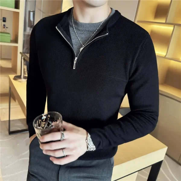 Superior Men's Color-blocked Pullover Sweater with Slim Fit, O-neck, and Warming Underlay.Knit Sweater with Zipper Embellishment - Image 2