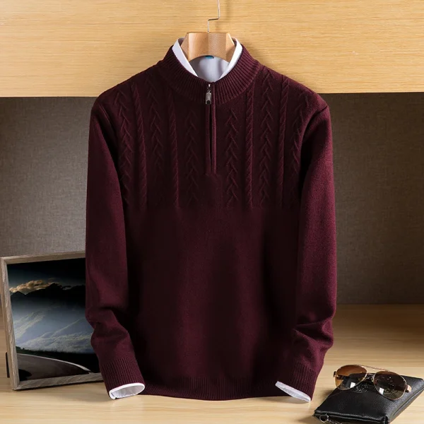 Warm, long-sleeved, solid-colored, half-zip men's pullover sweater with a half-high collar for fall and winter. - Image 17