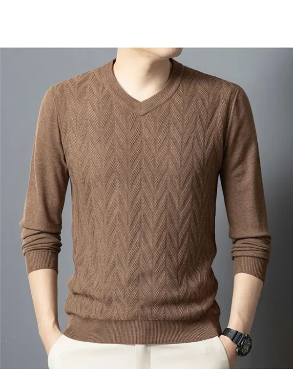 Superior quality V-neck pullover knitted sweater, daily slim-fit base shirt, thickened and warm men's sweater.Shirt with Dark Stripes - Image 7
