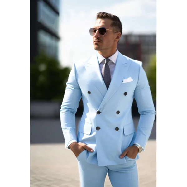 High-end, two-piece, regular-length, flat-front, peak-lapel, double-breasted, stylish men's suits in sky blue, costume homme blazer - Image 2