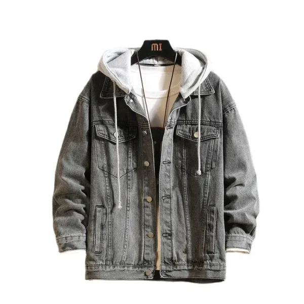 Men's Hooded Casual Denim Jacket Streetwear Solid Color Denim Jackets with a Turn-down Collar Men's Jacktite Hat Detachable - Image 2